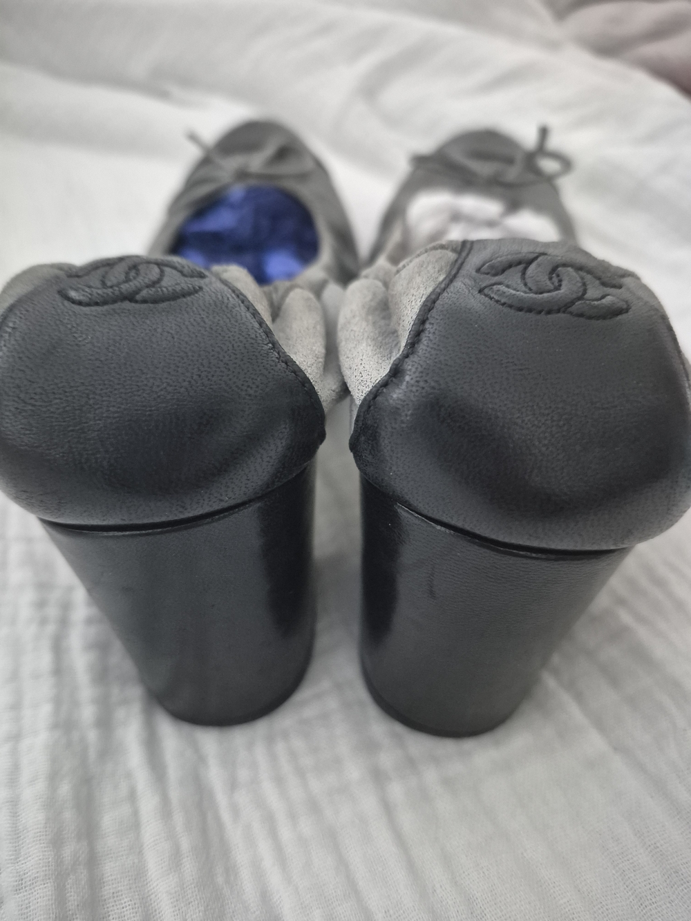 CHANEL Gray Suede and Black Leather Cap-Toe Ballet Flats - Picture 2 of 3
